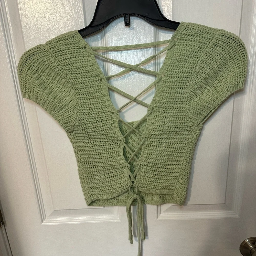 Double Zero Sage Green Knit Womens Lace-Up Crop Top S Crochet Stretchy Indie